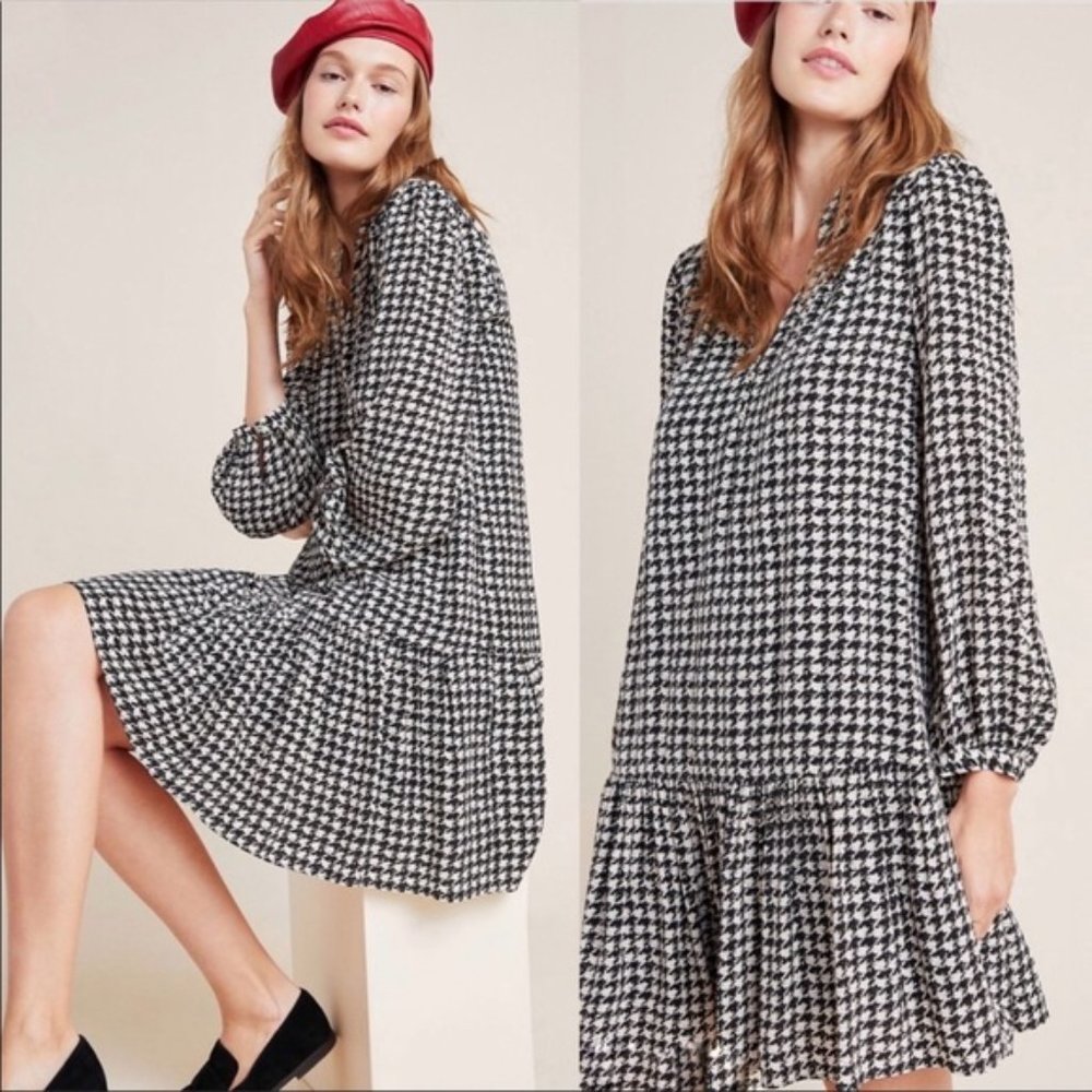 Maeve Sterling Houndstooth X-Small Drop Waist Pullover Viscose Tunic Dress EUC